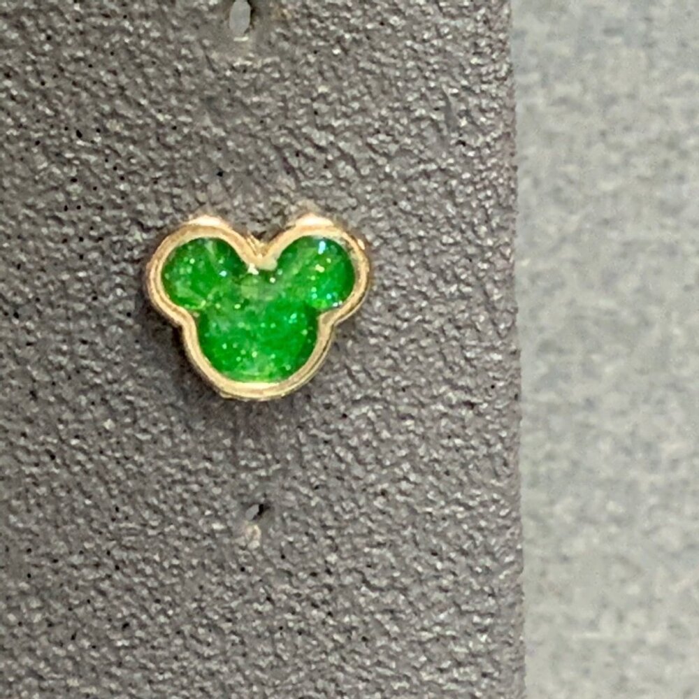 Disney Pierced Stud Earrings 0.5 In Mickey Mouse Ears Silver Green Sparkly Glam - Picture 3 of 6